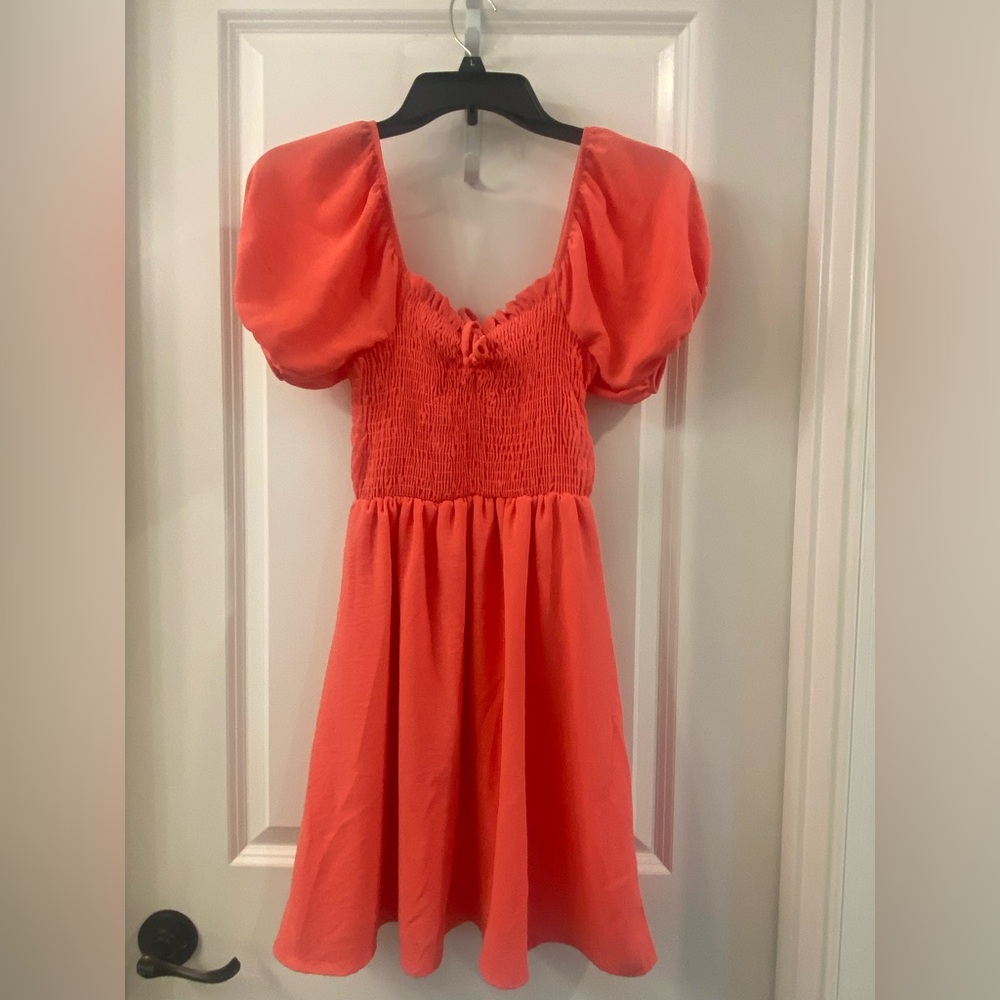 Altar'd State Smocked Puff Sleeve Babydoll Mini Dress - Coral / Red - Size XS - Picture 2 of 4